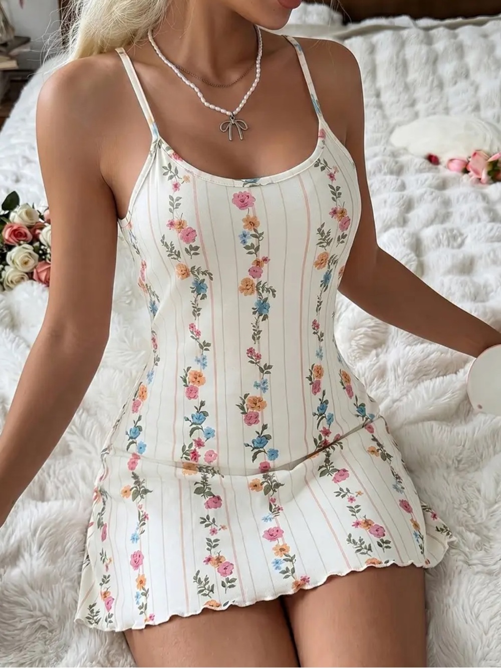 Cream White & Floral Stripe, Night Slip